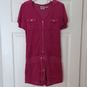 Juicy Couture Magenta Hooded Terry Romper with Gold Hardware